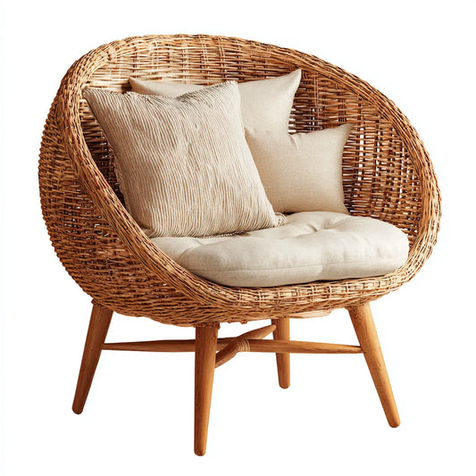 Fotel, Lounge fotel owijanie w beżowy naturalny rattan z poduszkami 75 x 80 x 90 cm