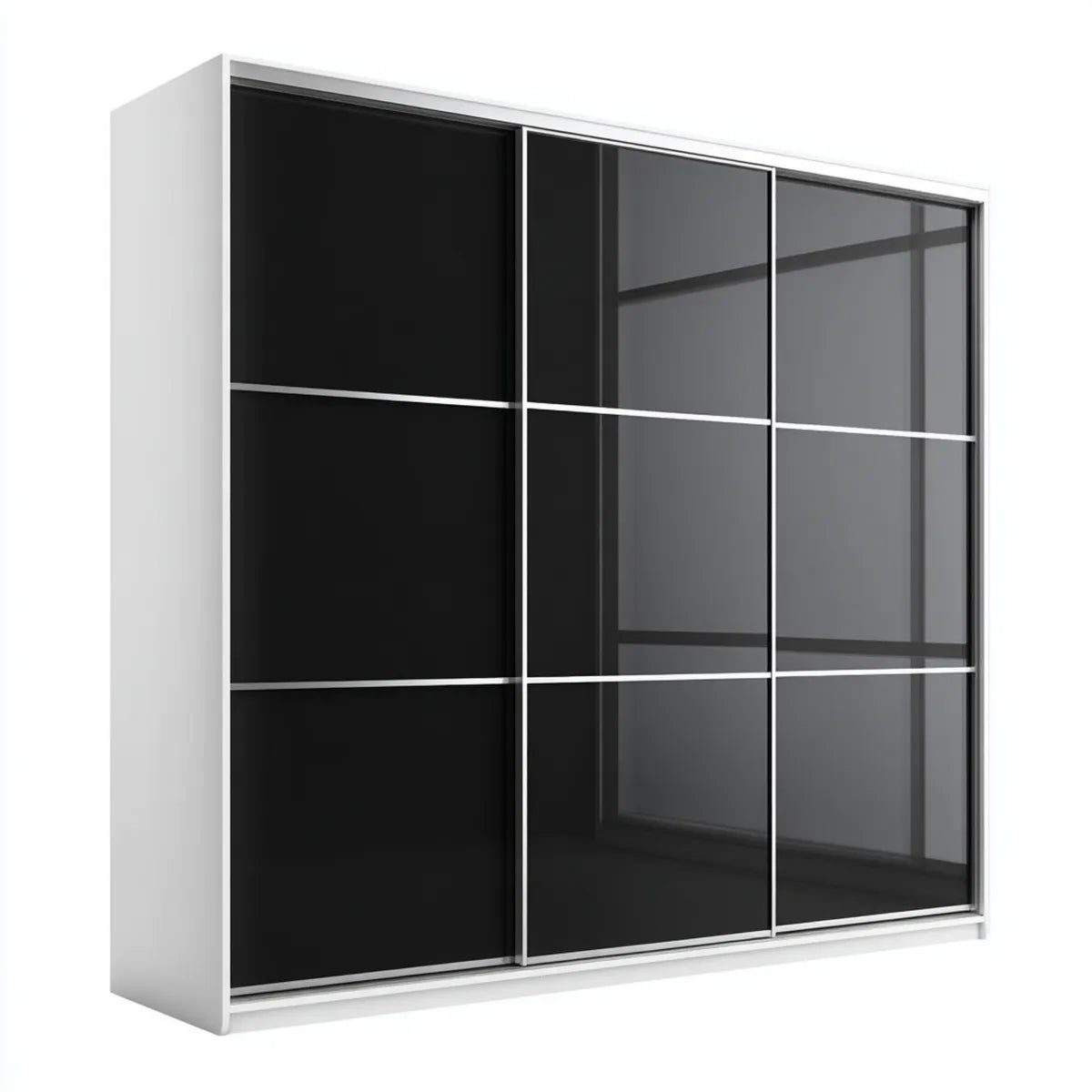 Szafa 3-drzwiowa przesuwne białe czarne szkło szary 250 × 60 × 215 cm prostokątna płyta wiórowa