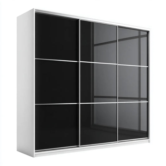 Szafa 3-drzwiowa przesuwne białe czarne szkło szary 250 × 60 × 215 cm prostokątna płyta wiórowa
