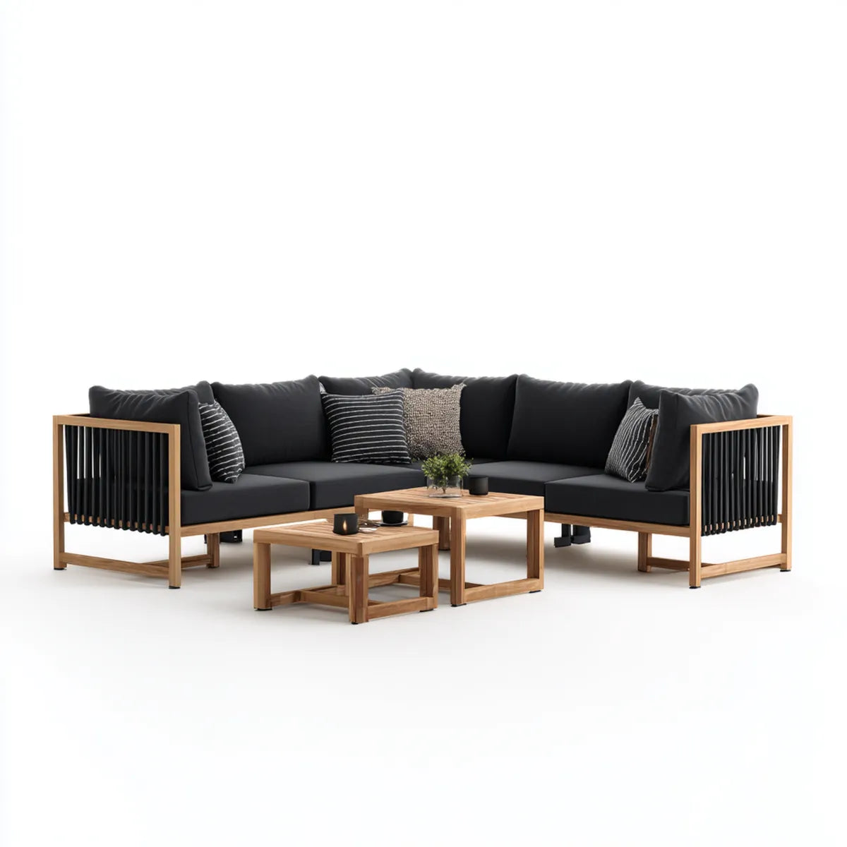 Sofa ogrodowa, Taras Lounge Set Corner Sofa czarny Naturalna 250 x 250 x 70 cm Acacia drewna kształt litery L