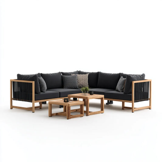 Sofa ogrodowa, Taras Lounge Set Corner Sofa czarny Naturalna 250 x 250 x 70 cm Acacia drewna kształt litery L