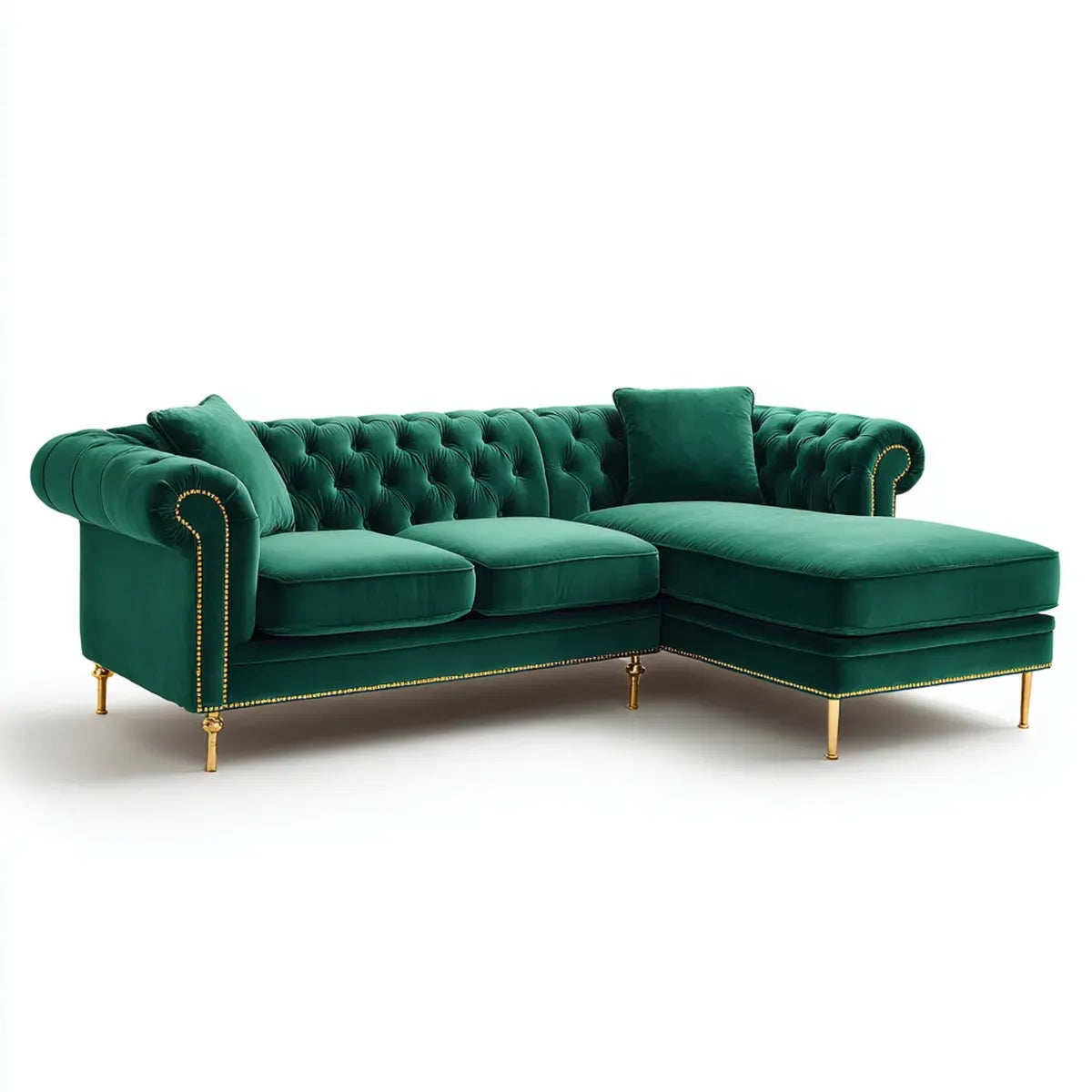 Sofa, Chesterfield Zielony Emerald Corner Sofa 250 x 160 x 78 cm w poliestrowym aksamicie z prawym szezlongiem