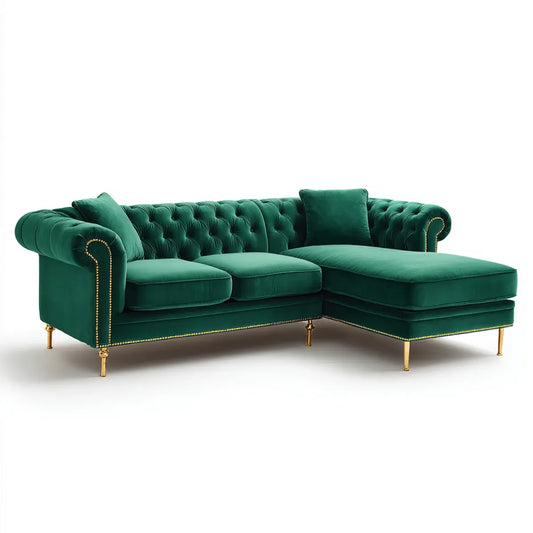 Sofa, Chesterfield Zielony Emerald Corner Sofa 250 x 160 x 78 cm w poliestrowym aksamicie z prawym szezlongiem