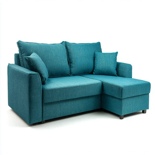 Sofa 2 fotele z szewcem z turkusowym poliestrem 160 x 140 x 85 cm