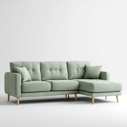 Sofa, Rożna sofa 3 fotele zielony poliester szałwia z szezlongiem prawo 235 x 150 x 85 cm