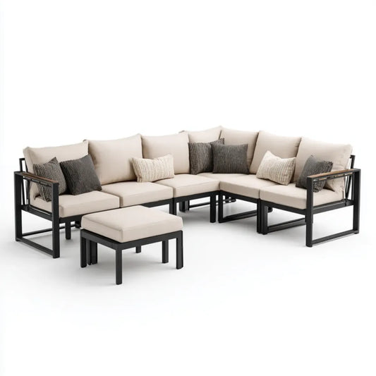 Sofa ogrodowa, Zestaw do barierki Taras 5- część beżowy czarny aluminiowy poliester kształt litery 270 x 210 x 76 cm