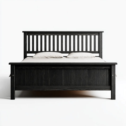 Łóżko dwuosobowe, Czarne podwójne łóżko 160 x 200 cm w litym drewnie sosnowym z złoconą deską rozdzieloną