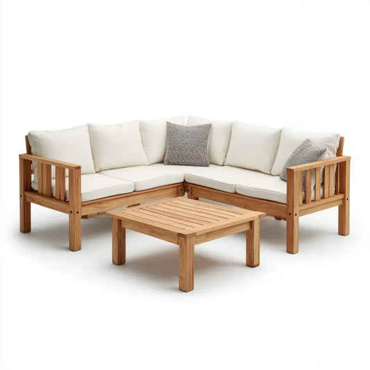 Sofa ogrodowa, 3- częściowa kanapa ogrodowa zestaw narożna kanapa z naturalnym białym stołem do kawy z drewna acacia 220 x 220 cm