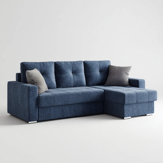 Sofa, Rożna sofa 3 poliestrowe niebieskie fotele z krzesełkiem w prawo 230 x 150 x 88 cm