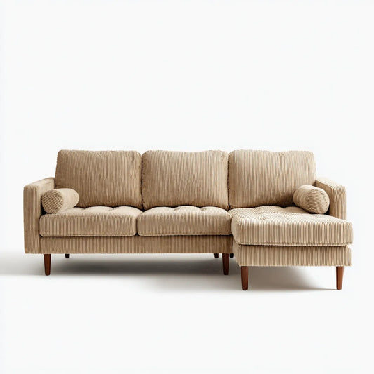 Sofa, Kanapa narożna 3 fotele z krzesełkiem z siedzeniem z prawej beżowej aksamitnej aksamitu na żeberka poliestrowe 240 x 160 x 86 cm